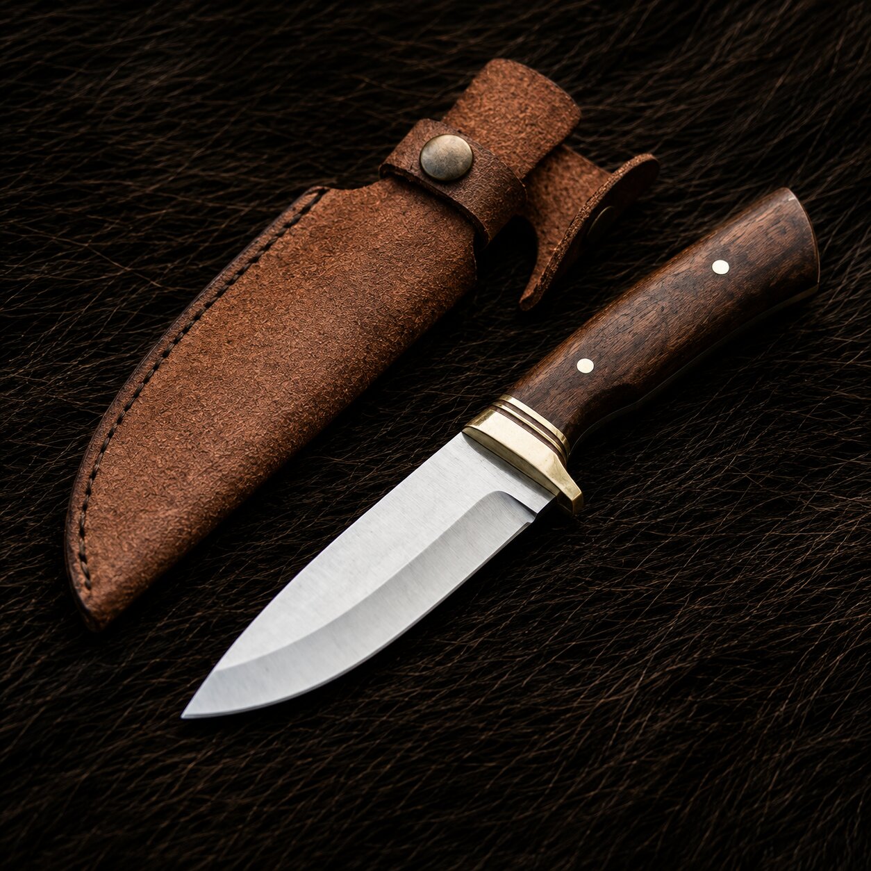 A fixed-blade knife with a dark wood handle and silver steel blade, shown next to its brown leather sheath on a dark textured background.