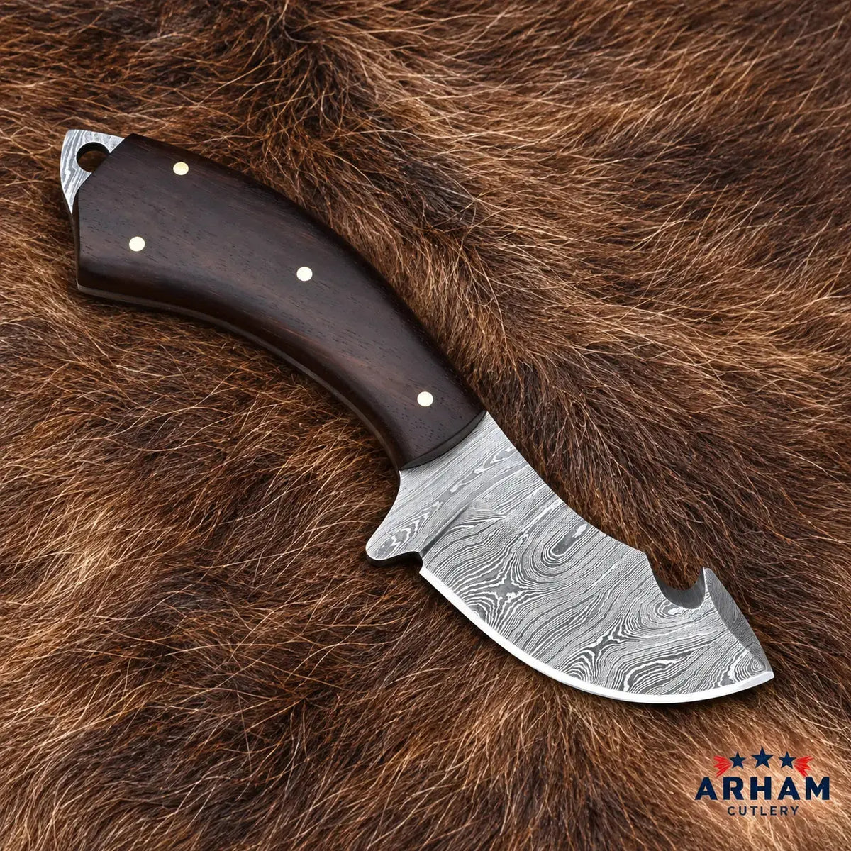 Rosewood Trailhook Damascus Gut Hook Skinning Knife – Rosewood Handle Arham Cutlery