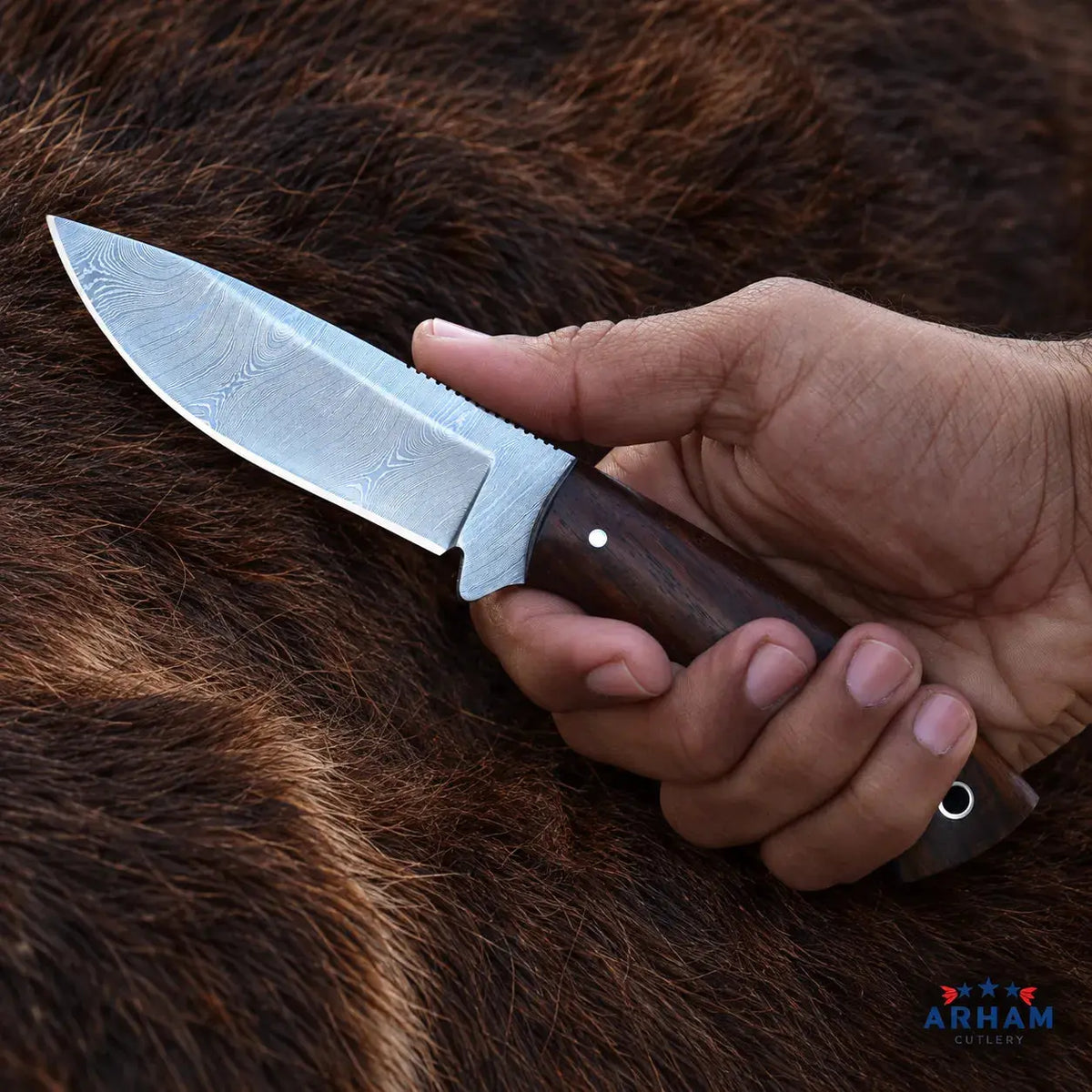 Rosewood Bushcrest Damascus Bushcraft Knife – Rosewood Handle Arham Cutlery