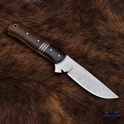 Rosewood Trailnotch Damascus Hunting Knife – Rosewood Handle Arham Cutlery