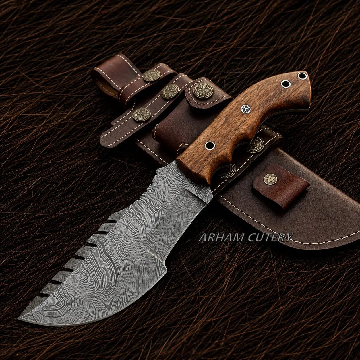 Rosewood Trailforge Tracker Knife – Damascus Steel Arham Cutlery