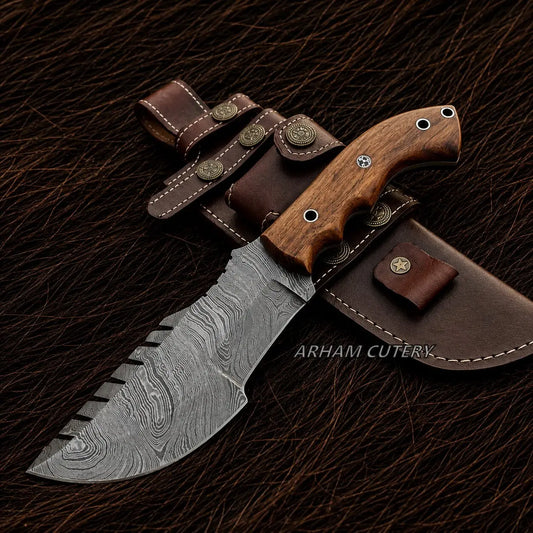 Rosewood Trailforge Tracker Knife – Damascus Steel Arham Cutlery