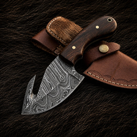 Rosewood Trailhook Knife – Damascus Gut Hook Skinner Arham Cutlery