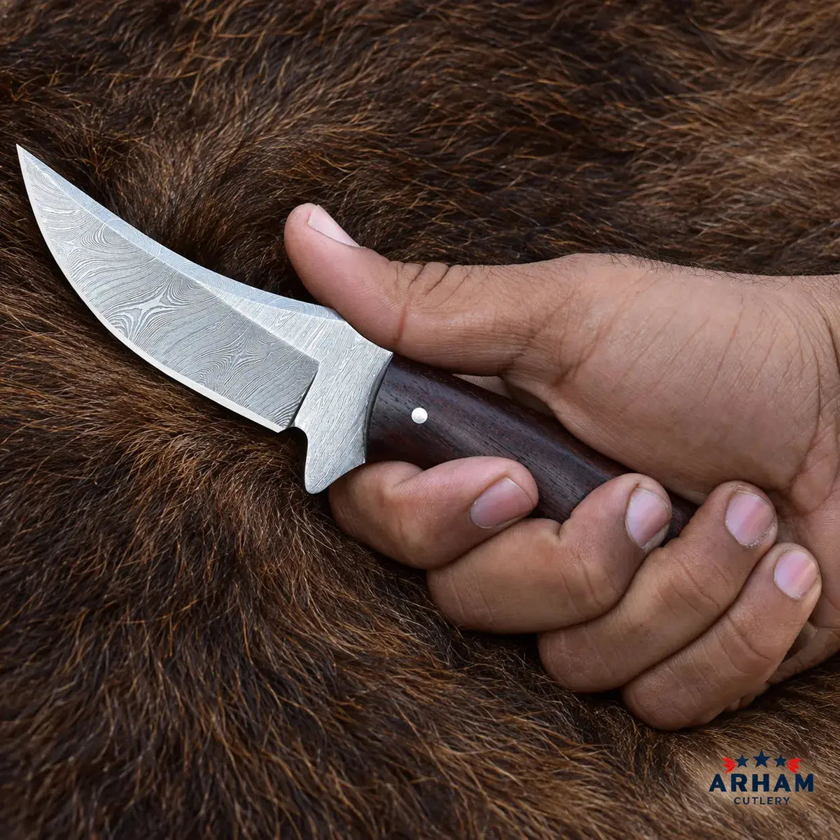 Rosewood Upsweep™ Damascus Skinning Knife – Rosewood Handle Arham Cutlery