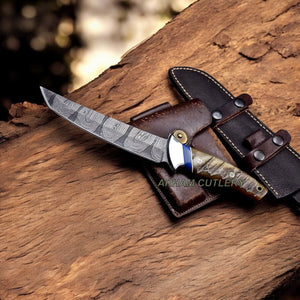 Handmade Damascus Steel Hunting Knife With Leather Sheath