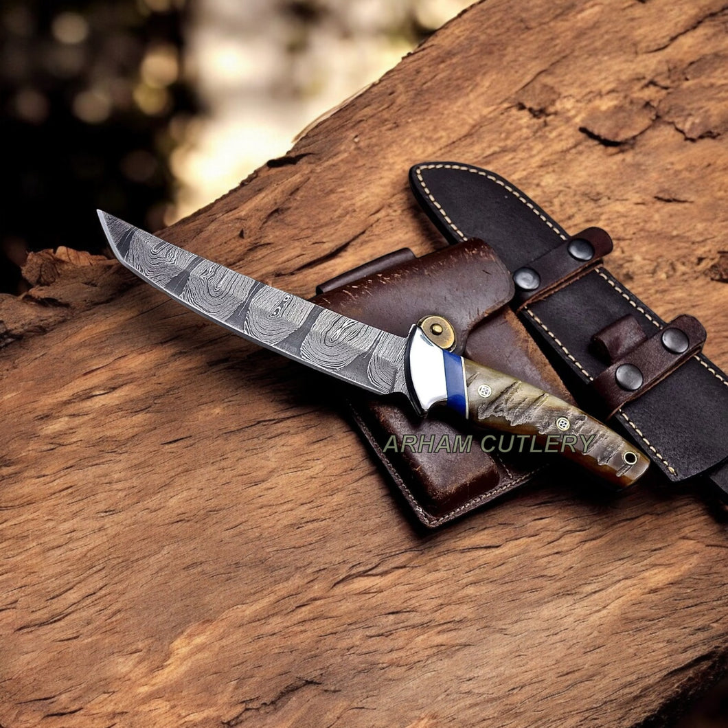 Handmade Damascus Steel Hunting Knife With Leather Sheath