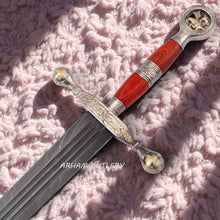 Cargar imagen en el visor de la galería, Handmade Damascus Steel Saint George Sword with red wood handle, golden dragon pommel, and leather sheath – Arham Cutlery
