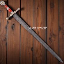 Cargar imagen en el visor de la galería, Handmade Damascus Steel Saint George Sword with red wood handle, golden dragon pommel, and leather sheath – Arham Cutlery
