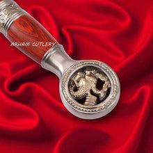 Cargar imagen en el visor de la galería, Handmade Damascus Steel Saint George Sword with red wood handle, golden dragon pommel, and leather sheath – Arham Cutlery
