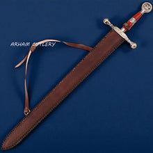 Cargar imagen en el visor de la galería, Handmade Damascus Steel Saint George Sword with red wood handle, golden dragon pommel, and leather sheath – Arham Cutlery
