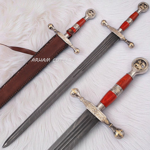 Handmade Damascus Steel Saint George Sword with red wood handle, golden dragon pommel, and leather sheath – Arham Cutlery