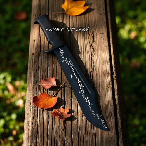 Shadow Fang matte black Bowie hunting knife with etched silver design – Arham Cutlery