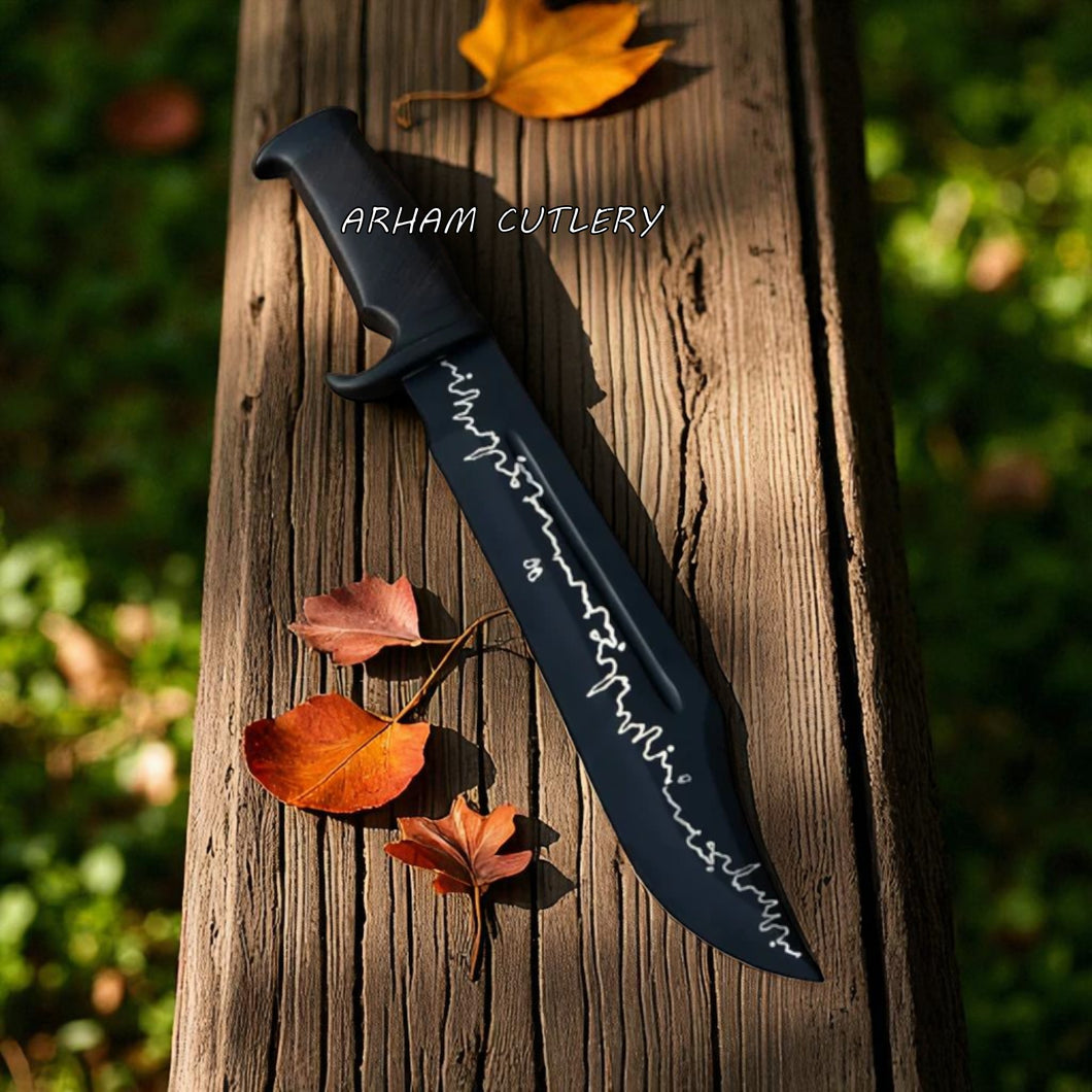 Shadow Fang matte black Bowie hunting knife with etched silver design – Arham Cutlery