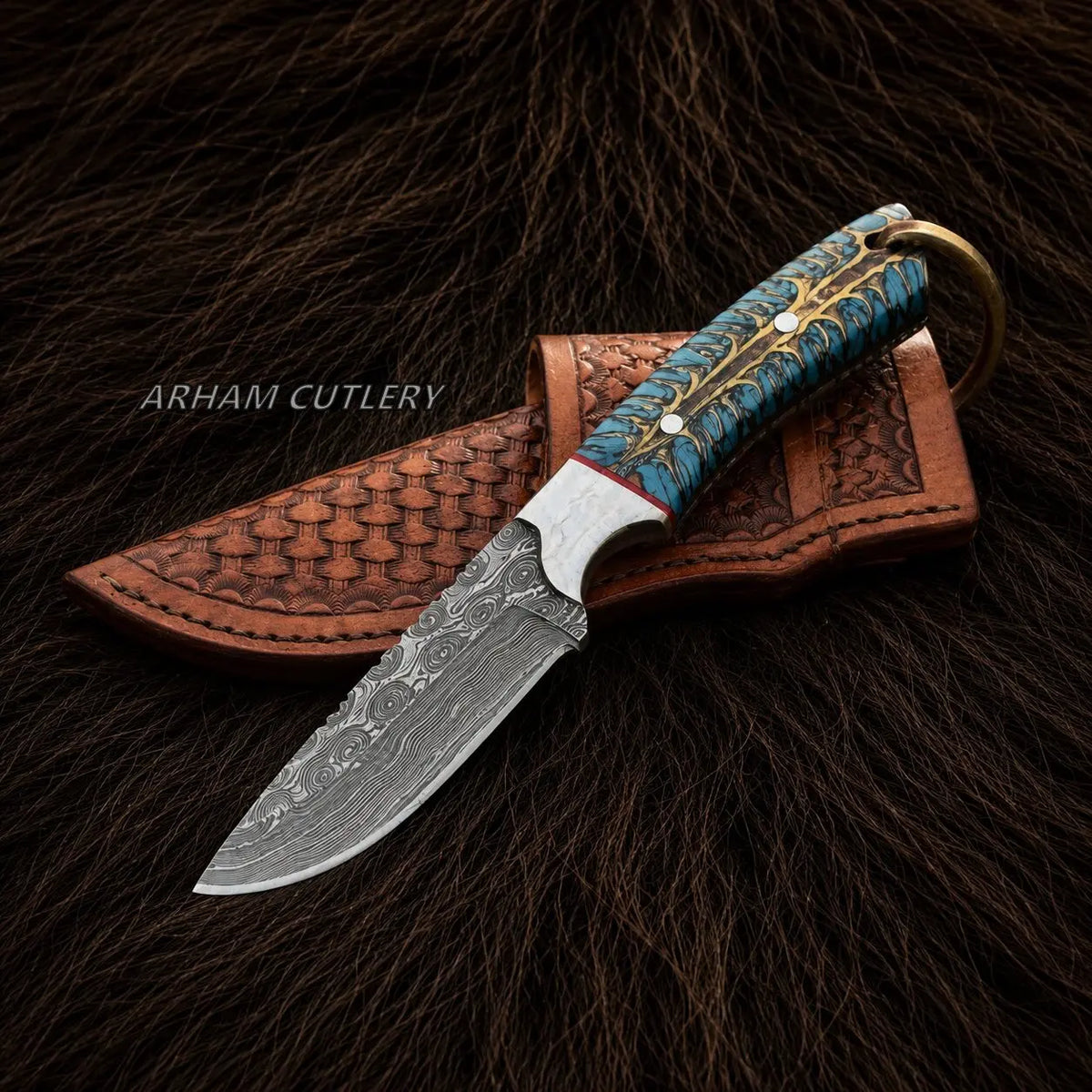 Skyforge Pinecrest Skinner Knife – Damascus Steel & Pinecone Arham Cutlery