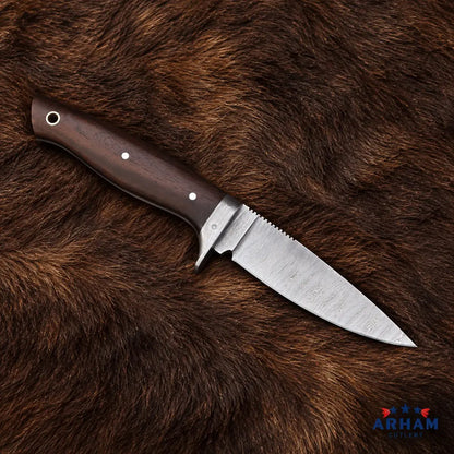 Rosewood Needlecrest Damascus Hunting Knife – Stabilized Rosewood Handle Arham Cutlery