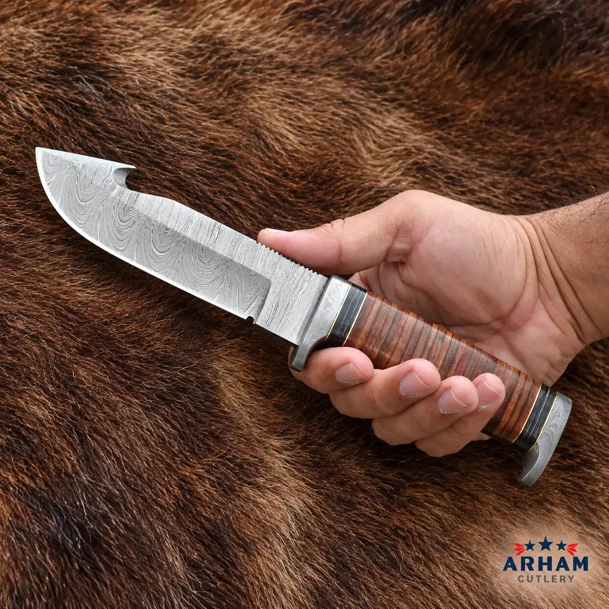 Leatherstack Guthorn Damascus Gut Hook Skinning Knife – Stacked Leather Handle Arham Cutlery