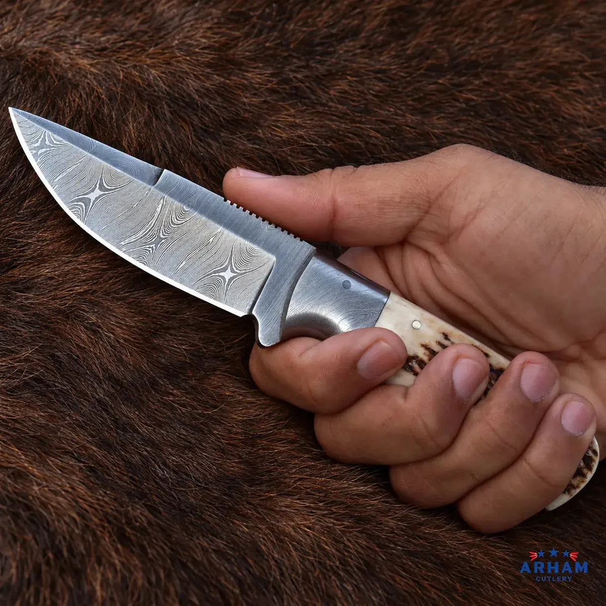 Stagcrest Ridge Damascus Hunting Knife – Stag Handle Arham Cutlery