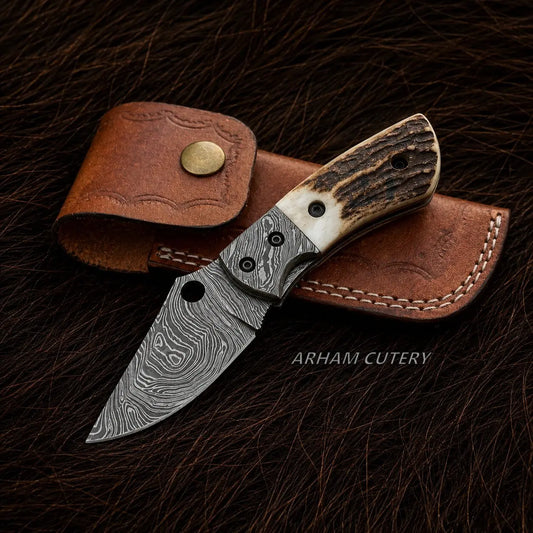 Staghorn Sentinel Folding Knife – Damascus Steel & Antler Arham Cutlery