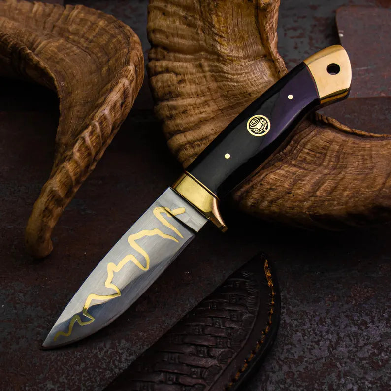 Handmade Hunting Knife with Brass Inlay Blade – Stainless Steel Fixed Blade Knife, Gloss Handle with Leather Sheath - Arham Cutlery