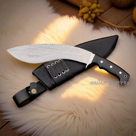 Stormcleaver Kukri Machete with Micarta Handle and Tribal Etched Blade by Arham Cutlery