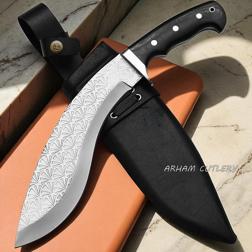 Stormcleaver Kukri Machete with Micarta Handle and Tribal Etched Blade by Arham Cutlery