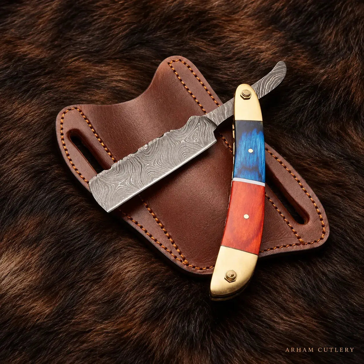 Stormveil Artisan™ Handmade Damascus Straight Razor Arham Cutlery