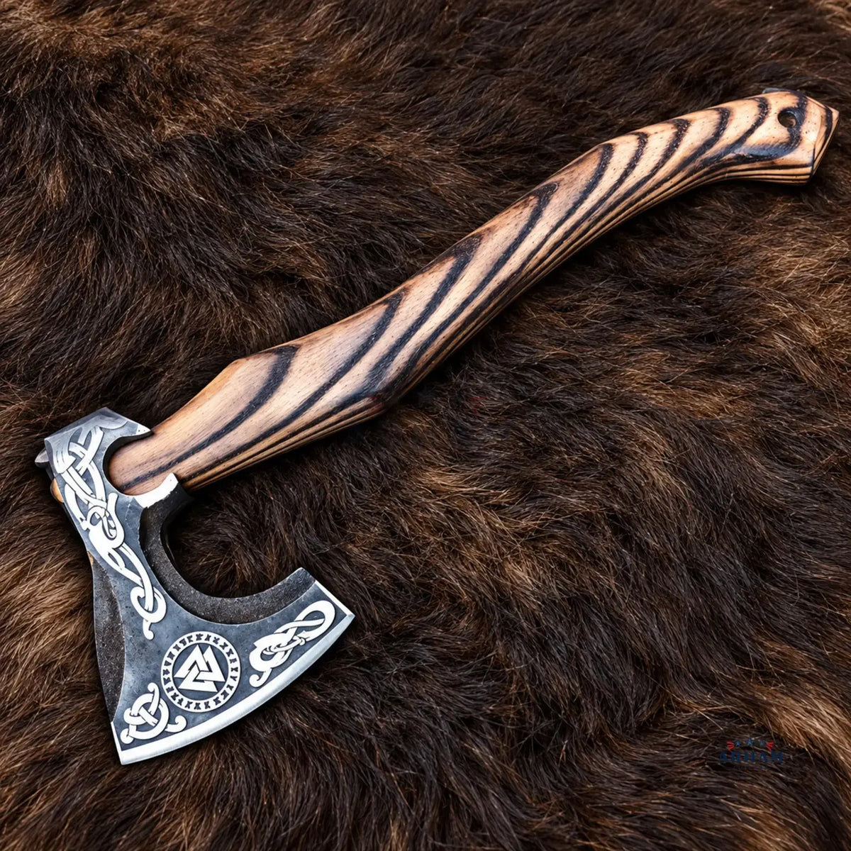 Ashwood Skald Engraved Hand-Forged Viking Axe – Carbon Steel & Ash Wood Arham Cutlery