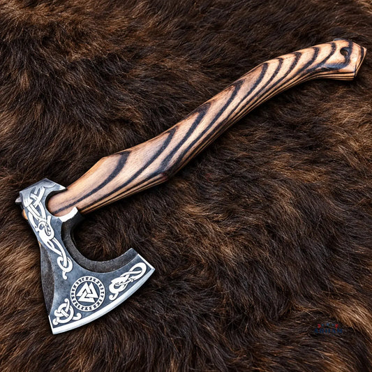 Ashwood Skald Engraved Hand-Forged Viking Axe – Carbon Steel & Ash Wood Arham Cutlery