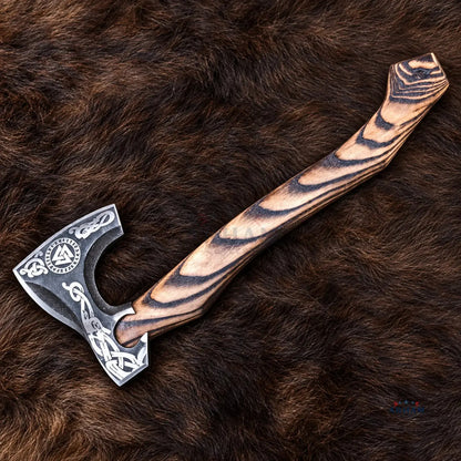 Ashwood Skald Engraved Hand-Forged Viking Axe – Carbon Steel & Ash Wood Arham Cutlery