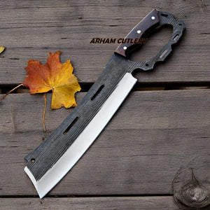 Tactical cleaver knife with rosewood handle and engraved leather sheath by Arham Cutlery