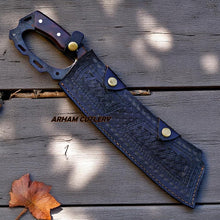 Lade das Bild in den Galerie-Viewer, Tactical cleaver knife with rosewood handle and engraved leather sheath by Arham Cutlery
