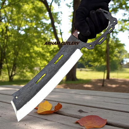 Tactical cleaver knife with rosewood handle and engraved leather sheath by Arham Cutlery