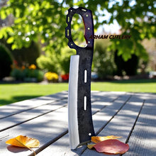 Lade das Bild in den Galerie-Viewer, Tactical cleaver knife with rosewood handle and engraved leather sheath by Arham Cutlery
