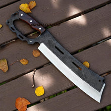 Lade das Bild in den Galerie-Viewer, Tactical cleaver knife with rosewood handle and engraved leather sheath by Arham Cutlery
