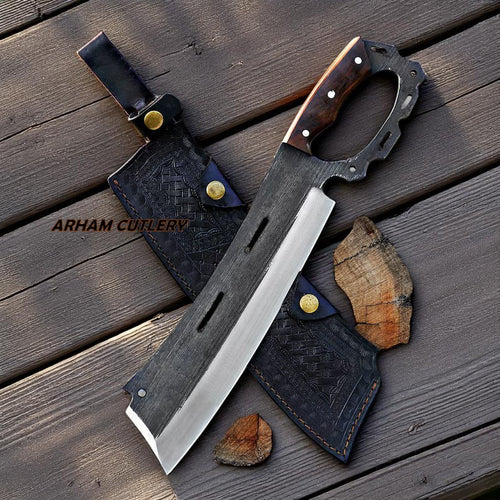 Tactical cleaver knife with rosewood handle and engraved leather sheath by Arham Cutlery