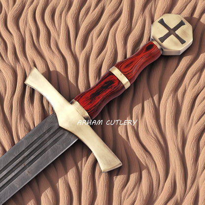 Templar Damascus Sword with Brass Pommel and Leather Sheath – Handmade by Arham Cutlery
