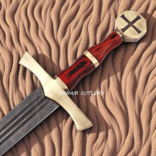 Templar Damascus Sword with Brass Pommel and Leather Sheath – Handmade by Arham Cutlery
