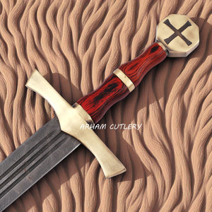 Templar Damascus Sword with Brass Pommel and Leather Sheath – Handmade by Arham Cutlery
