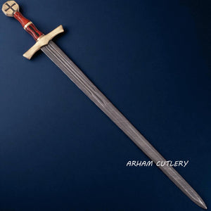 Templar Damascus Sword with Brass Pommel and Leather Sheath – Handmade by Arham Cutlery
