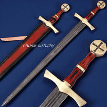 Lade das Bild in den Galerie-Viewer, Templar Damascus Sword with Brass Pommel and Leather Sheath – Handmade by Arham Cutlery

