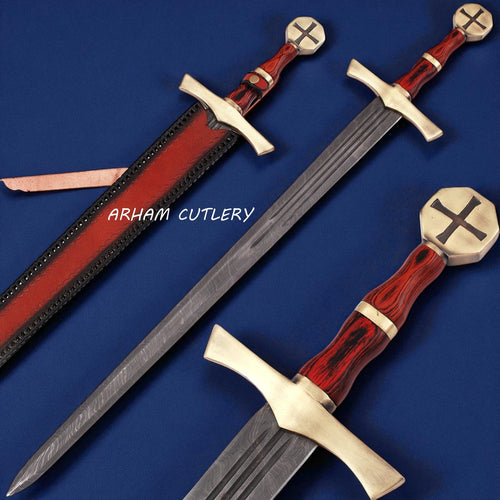 Templar Damascus Sword with Brass Pommel and Leather Sheath – Handmade by Arham Cutlery
