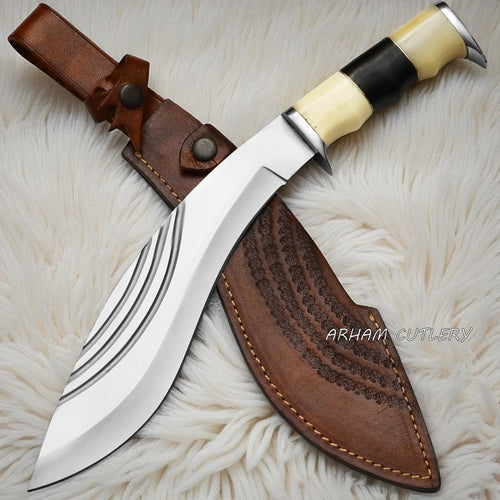 The Himalayan Talon handmade Kukri machete with stainless steel blade, bone and resin handle, and custom leather sheath by Arham Cutlery.