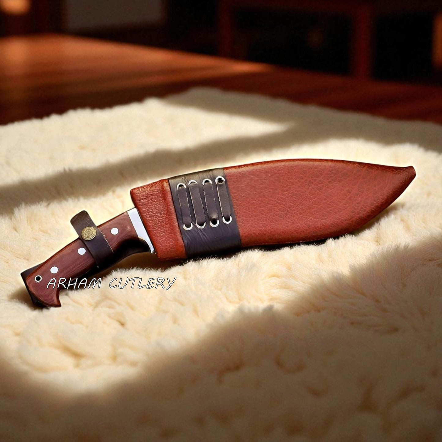 The Jungle Howl engraved Kukri machete with micarta handle and leather sheath, designed for bushcraft and outdoor use by Arham Cutlery.


