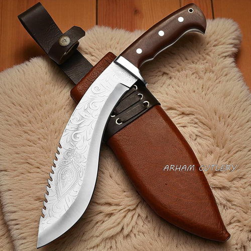 The Jungle Howl engraved Kukri machete with micarta handle and leather sheath, designed for bushcraft and outdoor use by Arham Cutlery.

