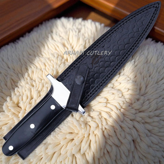 The Shadow Fang handmade full tang double-edge knife with black Micarta handle and leather sheath by Arham Cutlery