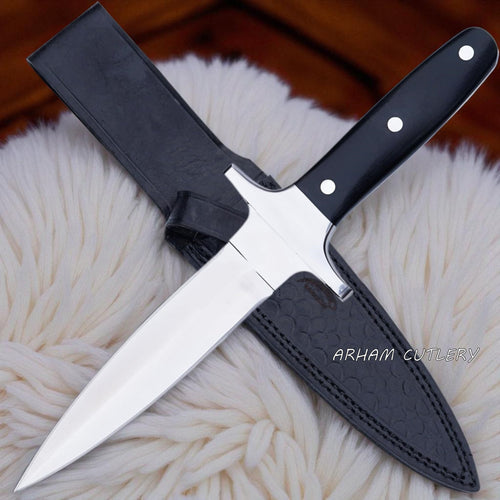 The Shadow Fang handmade full tang double-edge knife with black Micarta handle and leather sheath by Arham Cutlery