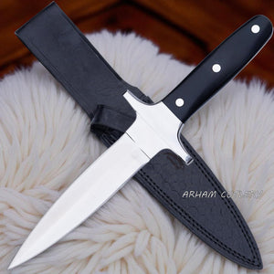 The Shadow Fang handmade full tang double-edge knife with black Micarta handle and leather sheath by Arham Cutlery