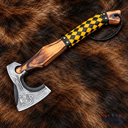 Ashwood Runeforge Hand-Forged Viking Axe – Engraved Carbon Steel & Ash Wood Arham Cutlery