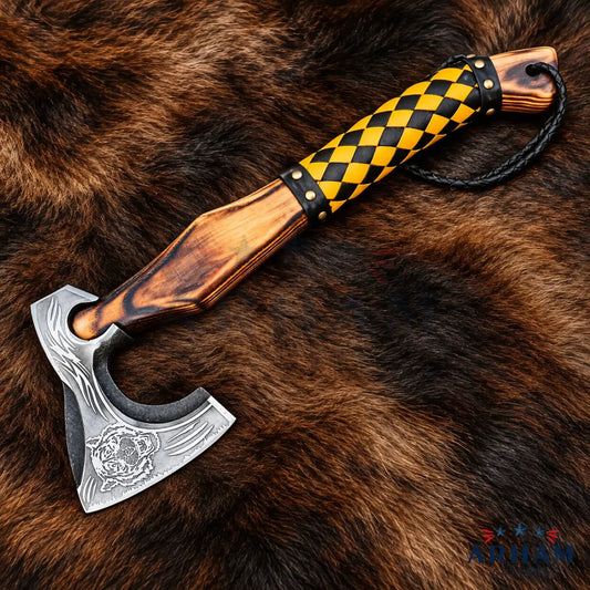 Ashwood Runeforge Hand-Forged Viking Axe – Engraved Carbon Steel & Ash Wood Arham Cutlery