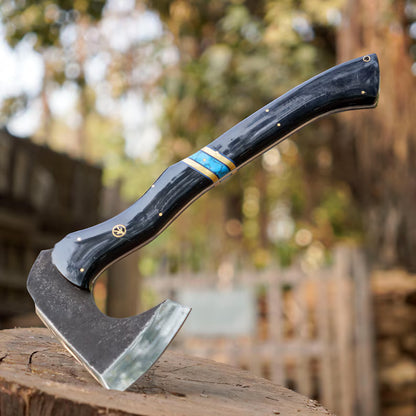 Handmade Forged Viking Axe – 1095 High Carbon Steel Bushcraft Hatchet with Turquoise Handle & Leather Sheath | Arham Cutlery